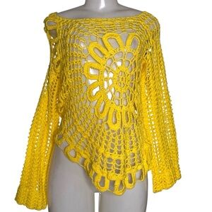 Handmade Yellow Crochet Boho Festival Top – Bell Sleeves – S/M
